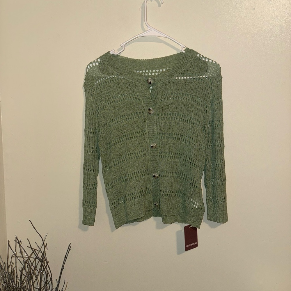 Light Green Open-Knit Button-Back Sweater